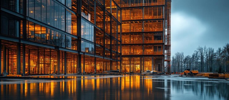 Construcción de la hora de oro Edificio moderno que se refleja en el agua quieta