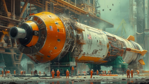 Construcción industrial de alta tecnología moderna y futurista instalación de una gran nave espacial en el espacio