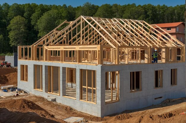 Foto construcción de una nueva casa residencial en curso en el sitio de construcción