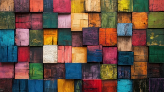 Construcción de la pared de bloques de madera de colores de fondo