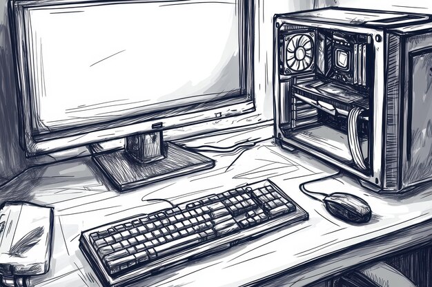 Construcción de PC dibujada a mano con componentes en el escritorio