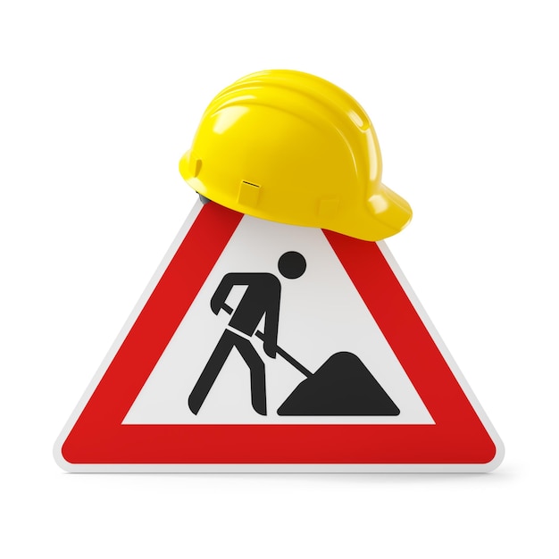 En construcción, señal de tráfico y casco de seguridad amarillo, aislado en fondo blanco. representación 3D