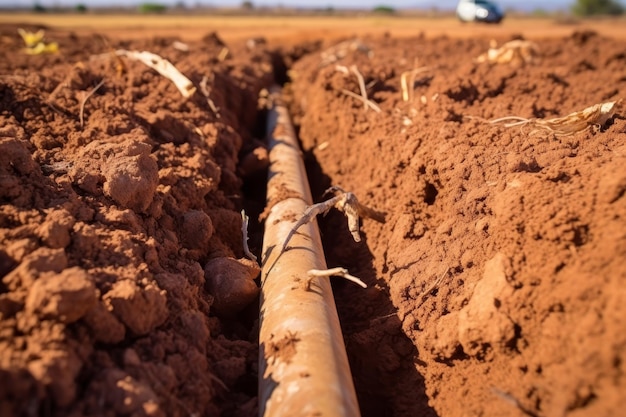 Foto construcción de tuberías tubo metálico en zanja para la instalación de viejas líneas de agua subterránea