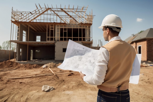 Un constructor con un casco blanco sostiene planos para construir una casa Generado por IA