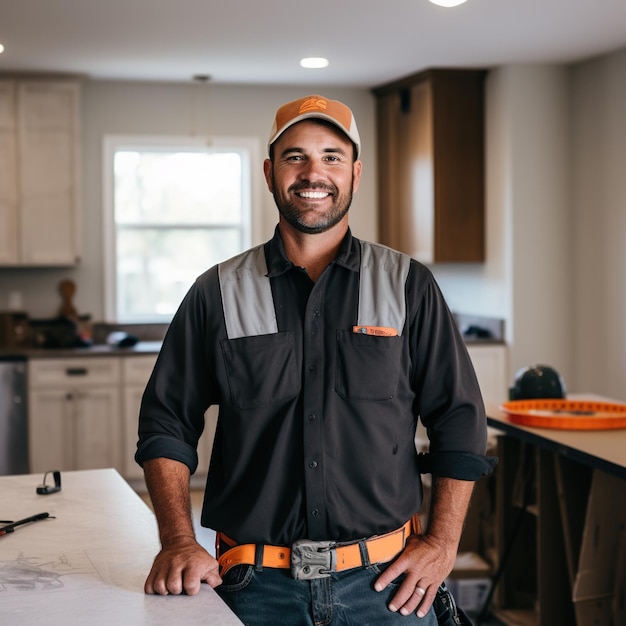 Constructor con casco y cinturón de herramientas de pie en casa nueva sonriendo