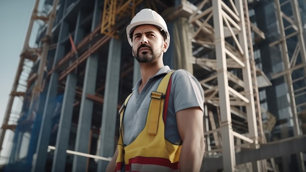 Un constructor con un casco protector blanco contra el telón de fondo de una casa en construcción IA generativa