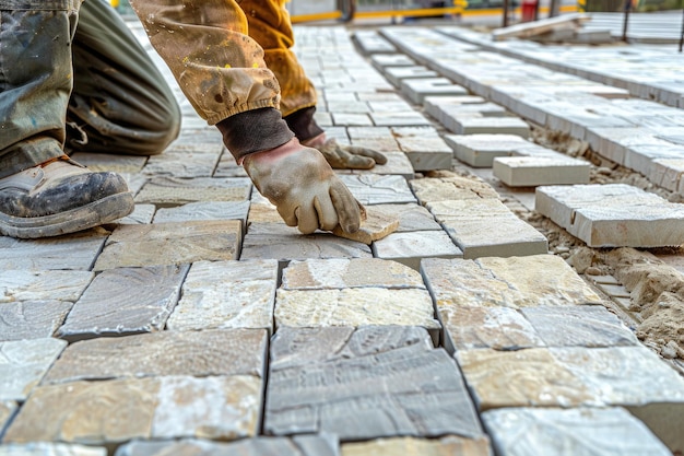 El constructor coloca losas de pavimentación al aire libre