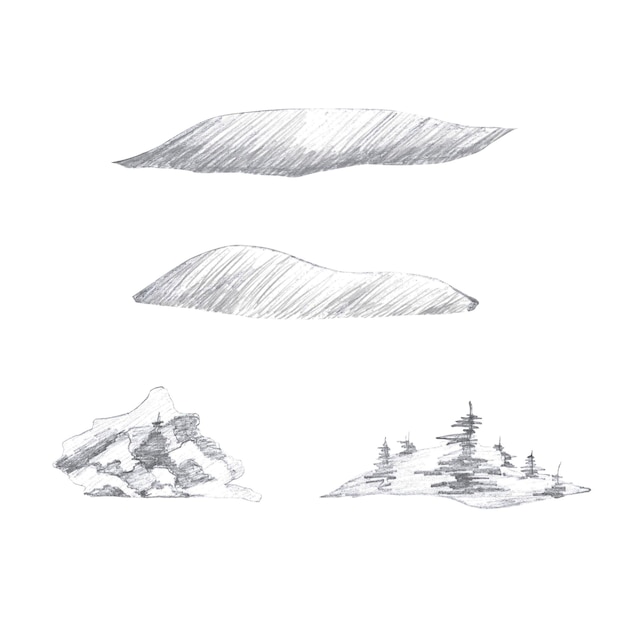 Constructor de conjuntos de detalles de paisaje ilustración aislada a lápiz de un bosque para libros de colorear