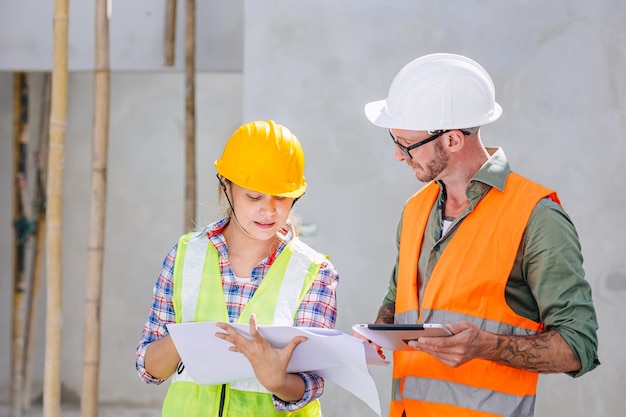 Constructor de equipo de trabajador ingeniero trabajando juntos trabajo en equipo hablando juntos trabajar en el sitio de construcción