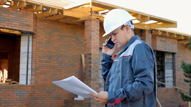 Foto constructor hablando por teléfono en el sitio