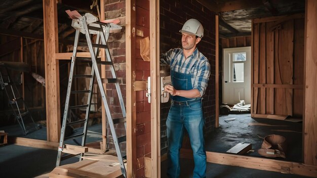 Foto el constructor está instalando una cerradura en la habitación.