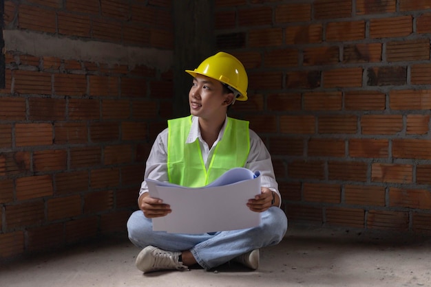 constructor masculino tomando asiento en el suelo y leyendo su plan de trabajo de hoy en sus manos