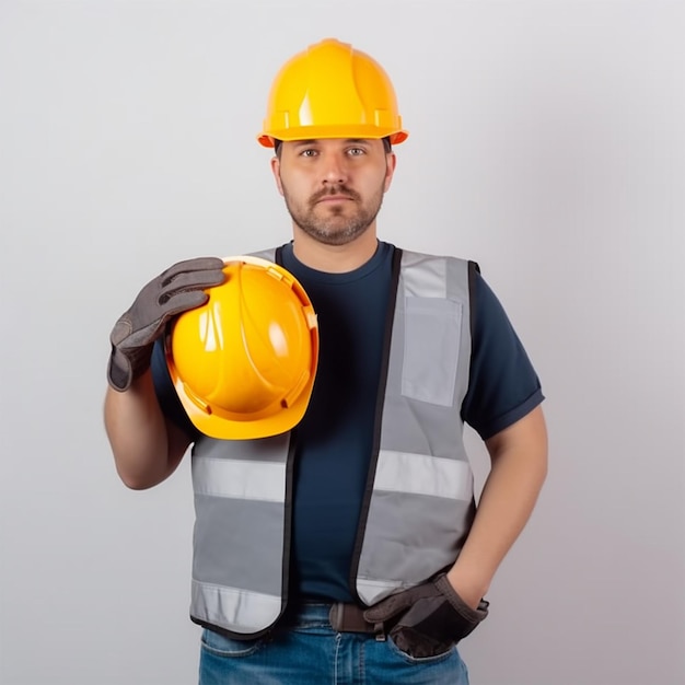 Foto constructor masculino en uniforme jeans guantes con casco