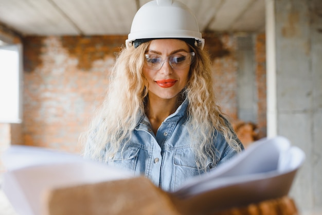 Constructor de mujer mirando planos arquitectónicos en apartamento nuevo