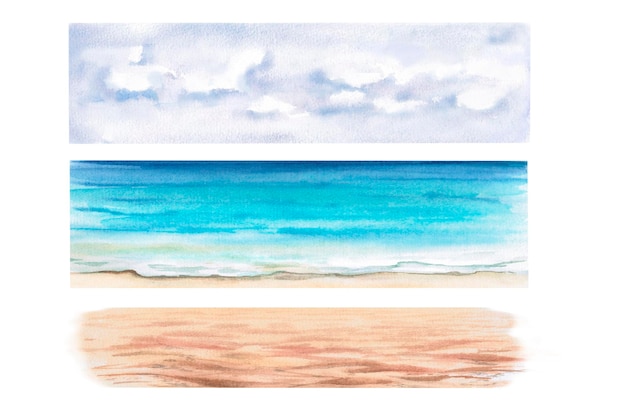 Constructor de paisajes que consta de 3 partes ilustración en acuarela de la costa del mar para el diseño