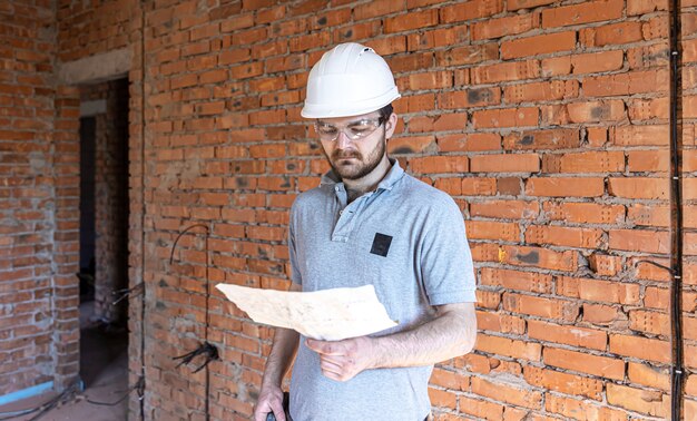 Un constructor con ropa de trabajo examina un dibujo de construcción en un sitio de construcción.