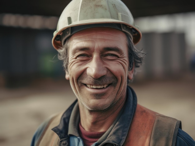 Constructor sonriente con casco en un sitio de construcción