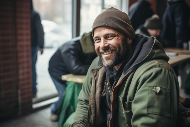 el constructor sonriente de pie en el sitio de construcción con los brazos cruzados mientras sus colegas de pie borroso
