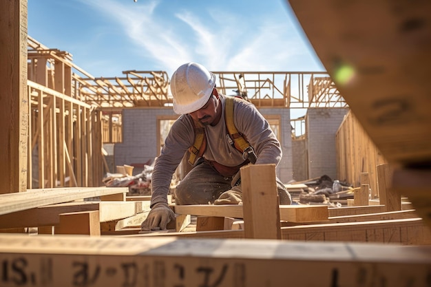 Constructor en el trabajo capturando varias etapas del proceso de construcción de la casa para una foto de archivo