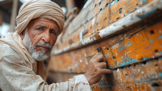 Foto un constructor tradicional de dhow omano en el trabajo en sur oman 4k ultra hd