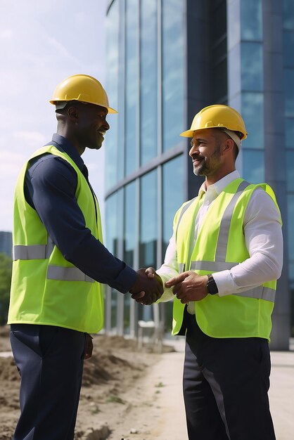 Constructores multirraciales estrechando la mano al aire libre