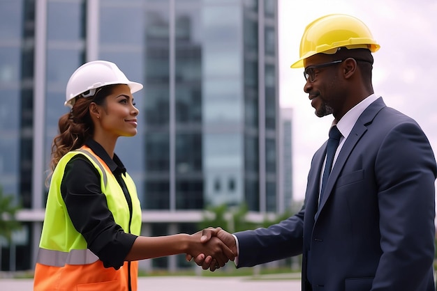 Foto constructores multirraciales estrechando la mano al aire libre