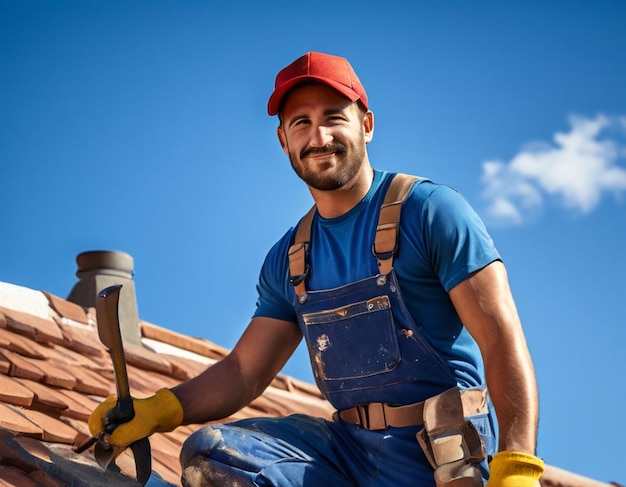 Los constructores en un sitio de construcción están construyendo la pared y el techo de una casa