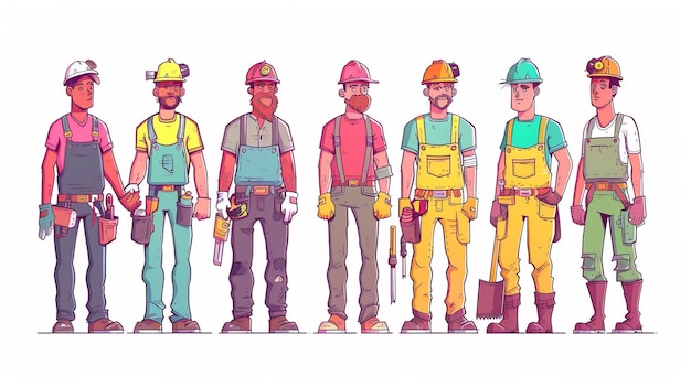 Constructores, técnicos de reparación, capataces de construcción y azulejos, fontaneros, pintores en uniforme con herramientas, arte de línea, plano, conjunto de ilustraciones modernas.