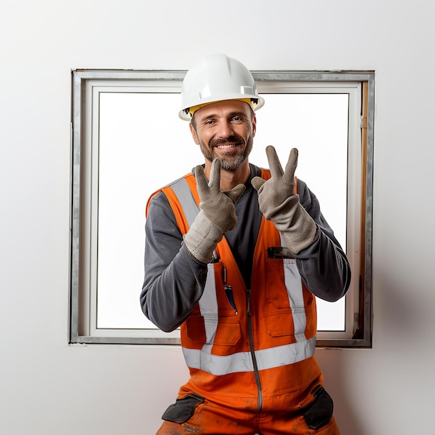 Construidor com um capacete segurando janelas de vidro duplo
