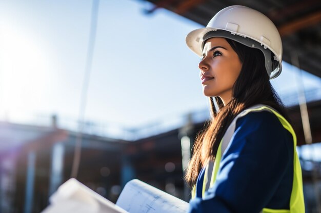 Foto construidora hispânica de meia-idade sorrindo confiantemente no local da construção