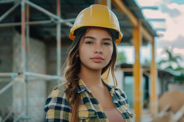 Construidora latina em um canteiro de obras vestindo um chapéu