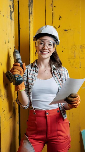 Foto construidora segura de si mesma usando óculos de proteção, blusa branca e camisa a quadros, luvas de proteção.