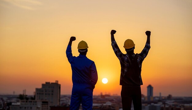 Construindo sonhos Foto gratuita de trabalhadores da construção civil ao pôr do sol Testemunhe a arte do progresso