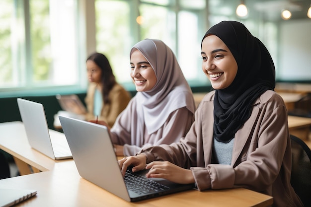 Construir lazos de amistad Estudiante musulmán y amigo universitario abrazan la colaboración en el aula