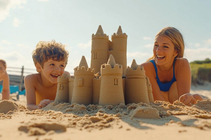 Construir un magnífico castillo de arena en la playa con alegría y risas en la luz del sol IA generativa