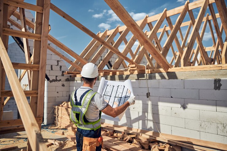 Construtor atento avaliando o escopo do trabalho
