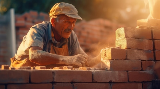 Foto construtor colocando tijolos no canteiro de obras da casa