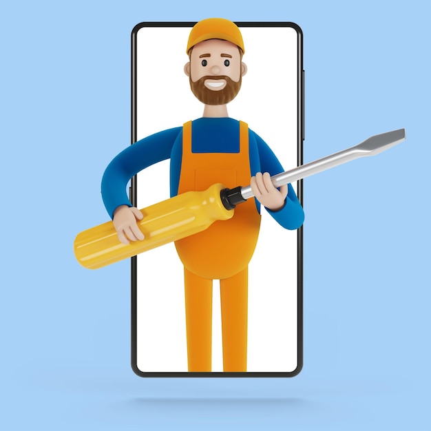Foto construtor de eletricista com uma chave de fenda grande na tela do smartphone marido por uma hora carpinteiro de encanador eletricista chamando o capataz para trabalhar ilustração 3d em estilo cartoon