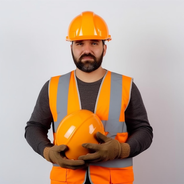 Foto construtor masculino em luvas jeans uniformes segurando capacete