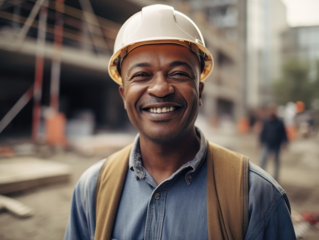 Construtor sorridente no capacete em um canteiro de obras