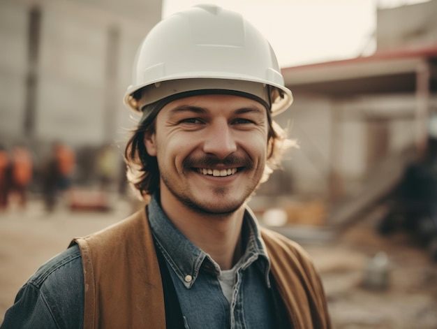 Construtor sorridente no capacete em um canteiro de obras