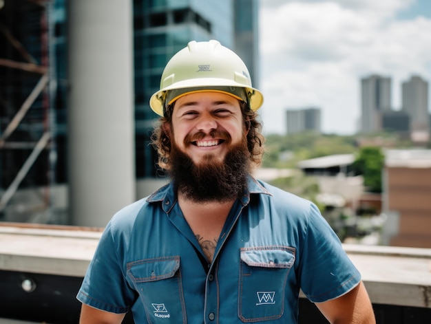 Construtor sorridente no capacete em um canteiro de obras