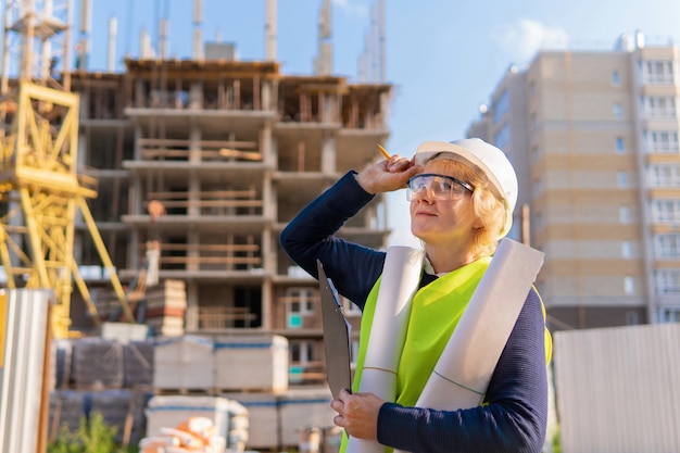 Construtora em um canteiro de obras inspeciona um prédio