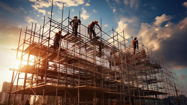 Construtores montando cuidadosamente seções pré-fabricadas de um edifício modular apresentando a abordagem inovadora que reúne Generated by AI