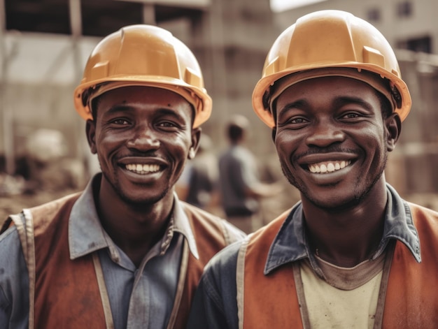 Construtores sorridentes em capacetes em um canteiro de obras