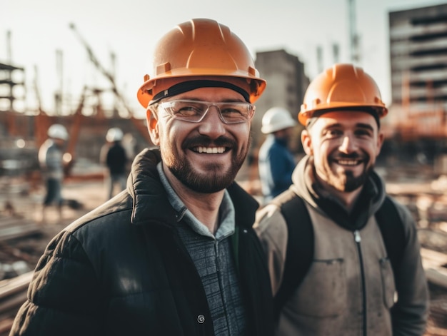 Construtores sorridentes em capacetes em um canteiro de obras