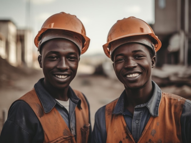 Construtores sorridentes em capacetes em um canteiro de obras