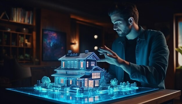 Foto se construye una casa digital a gran escala hecha de píxeles y hologramas mientras un hombre feliz e inspirado