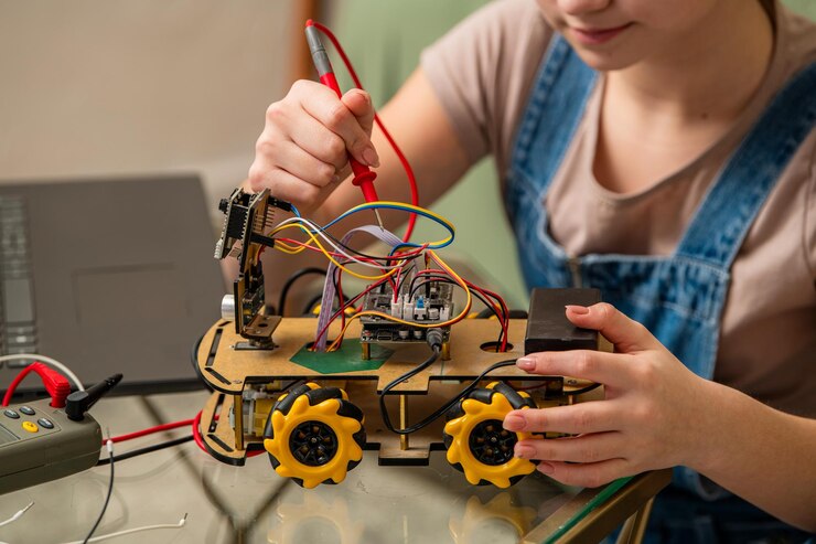 Foto construyendo un coche robot motorizado con pruebas de circuito