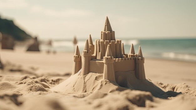 Construyendo el éxito Los niños disfrutan de unas vacaciones de verano con un castillo de arena a la orilla del mar